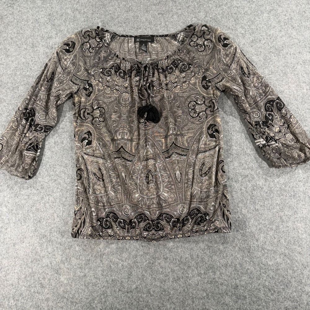 INC International Concepts Women Paisley Tassel Peasant Blouse Grey Black M